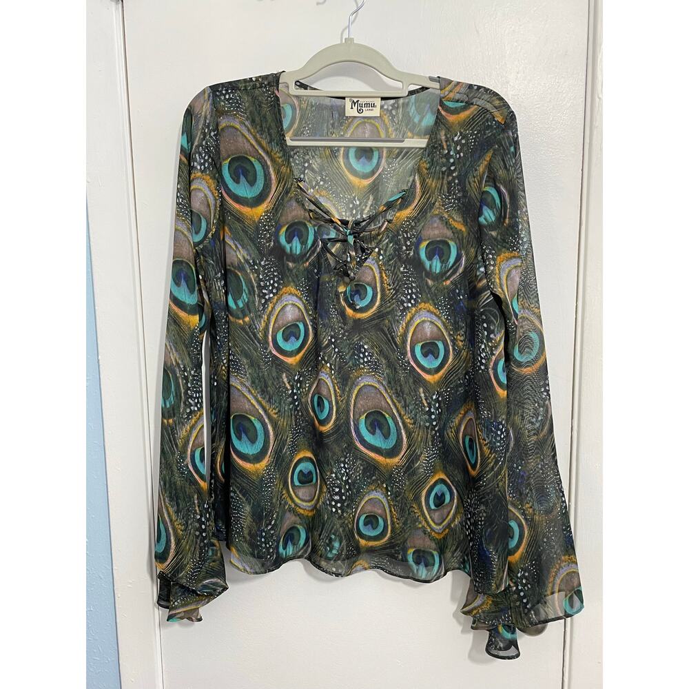 Show Me Your Mumu Blouse Large Sheer Peacock Lace Up  Flounce Bell Sleeves - Picture 2 of 7